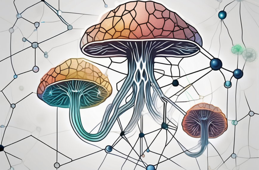 A synthetic psilocybin molecule structure juxtaposed with a naturally occurring psilocybin mushroom