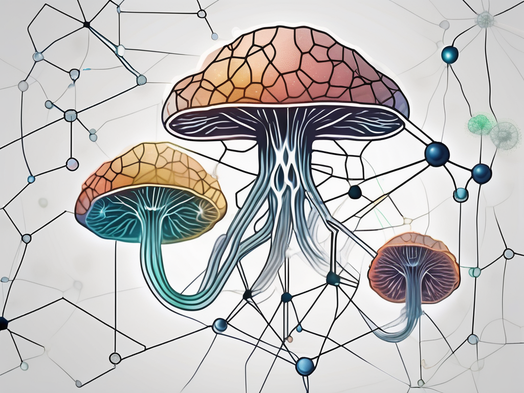 A synthetic psilocybin molecule structure juxtaposed with a naturally occurring psilocybin mushroom