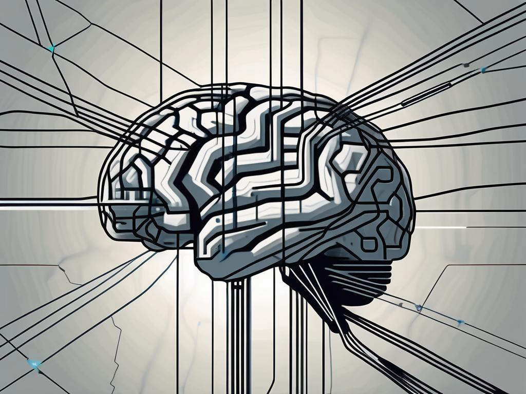 An abstract representation of a brain intertwined with wires and digital circuits